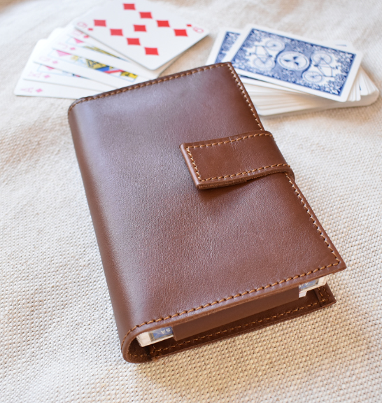 Butterscotch Brown Genuine Leather Playing Card Holder Made in South Africa with personalisation Game Bicycle Playing Cards included