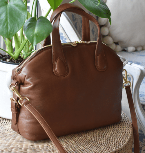 Genuine Leather Perfect Dome Handbag with Gold Zip Trims