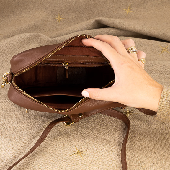 Genuine leather Camera Tassel Ladies Slingbag with additional Custom Personalisation Journey Leather South Africa Cognac