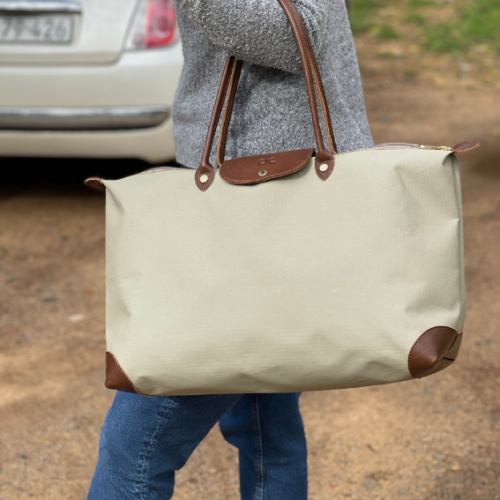 JOURNEY BANTRY BAG- CANVAS WITH GENUINE LEATHER TRIMS : NATURAL- MADE IN SOUTH AFRICA WITH CUSTOM PERSONALISATION