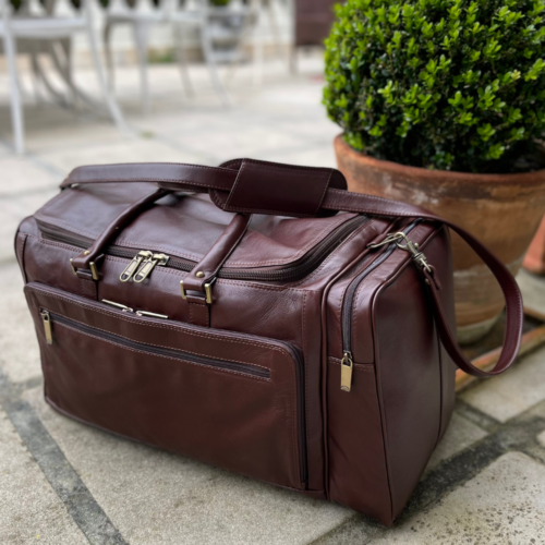 Genuine Leather Cocoa Travel Duffel Bag with Antique Brass trims with custom debossed personalisation- Journey Made in South Africa