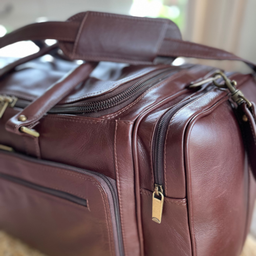 Genuine Leather Cocoa Travel Duffel Bag with Antique Brass trims with custom debossed personalisation- Journey Made in South Africa