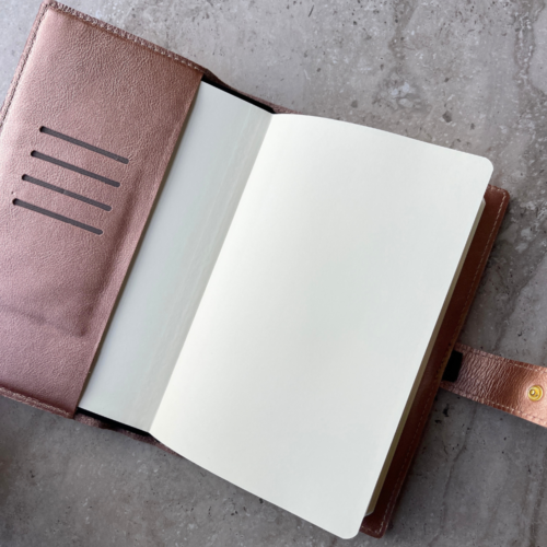 Genuine leather A5 Notebook Cover (including inner notebook) - Metallic Rose Gold with additional custom personalisation of name or initials JOURNEY