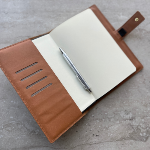 Genuine leather A5 Notebook Cover (including inner notebook) - Toffee with additional custom personalisation of name or initials JOURNEY