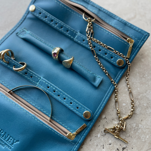 Genuine leather Fine Jewellery Roll - Amalfi Blue with additional custom personalisation of name or initials JOURNEY